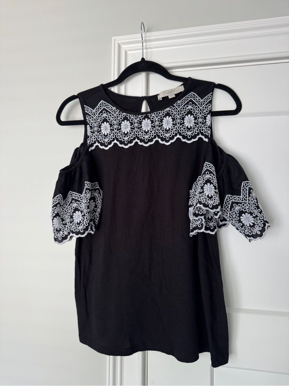 LOFT Black Cold-Shoulder Top with White Lace Embroidery